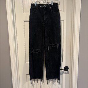 Zara Pants Womens 4 Black Wash Denim Raw Hem Wide Leg Distressed Jeans